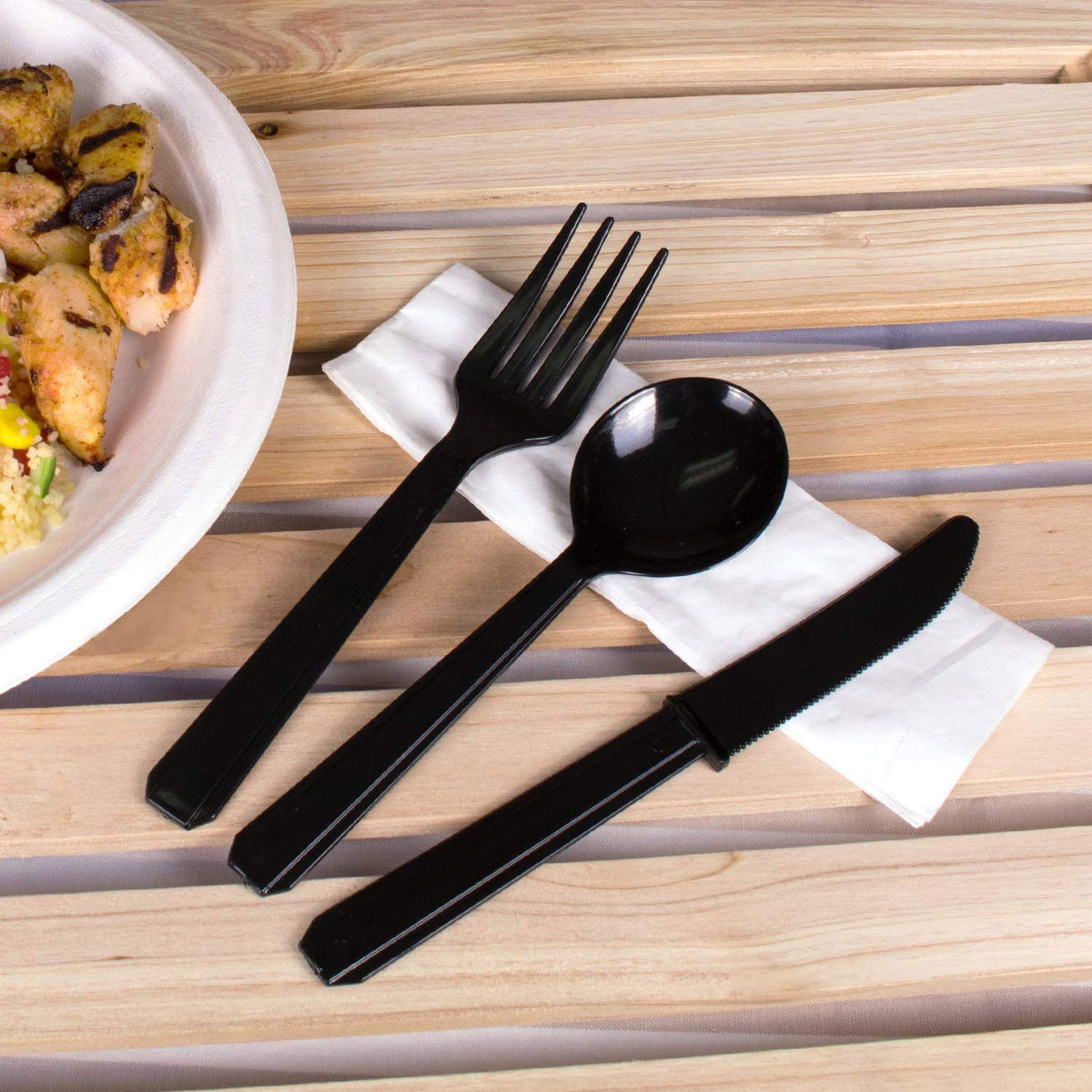 Karat Plastic Cutlery Kit with Knife, Spoon, Fork, and Napkin, Black (250 Pack)