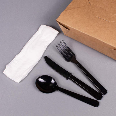 Karat Plastic Cutlery Kit with Knife, Spoon, Fork, and Napkin, Black (250 Pack)