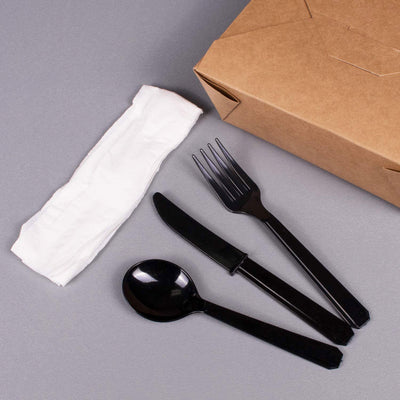 Karat Plastic Cutlery Kit with Knife, Spoon, Fork, and Napkin, Black (1250 Pack)