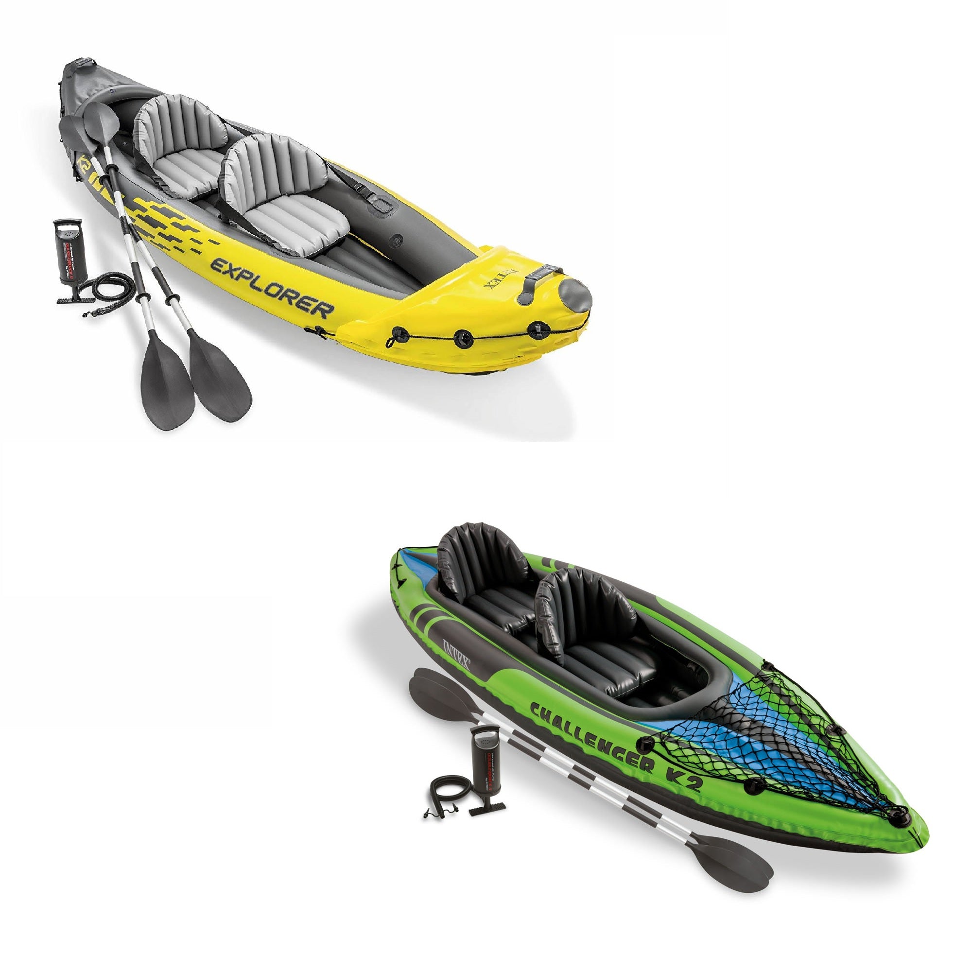 Intex Inflatable Explorer K2 Kayak Set, Yellow & Challenger K2 Kayak Set, Green