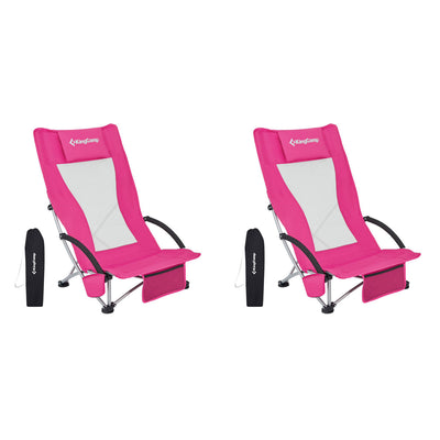 KingCamp Beach Folding Lounge Chair w/ Mesh Back & Arm Rest, Pink (2 Pack)