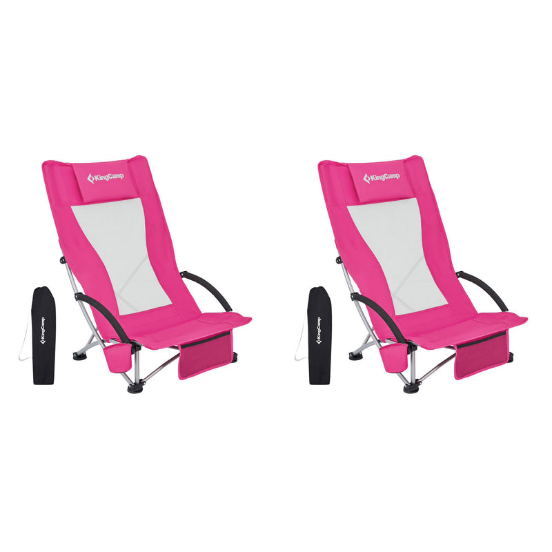 KingCamp Beach Folding Lounge Chair w/ Mesh Back & Arm Rest, Pink (2 Pack)