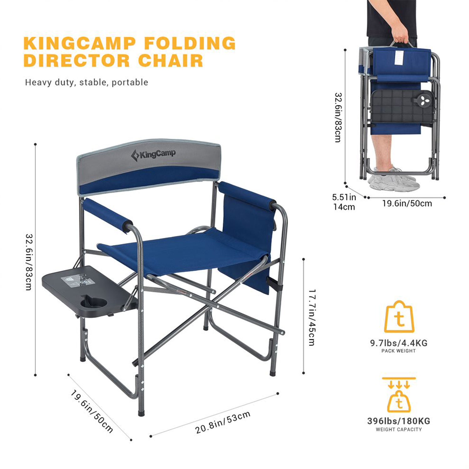 KingCamp Folding Chair w/ Side Table & Storage Pocket, Navy/Gray (Open Box)