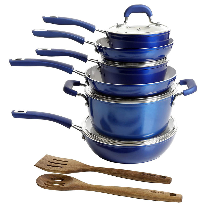 Kenmore Arlington 12 Piece Nonstick Ceramic Cookware and Accessory Set, Blue