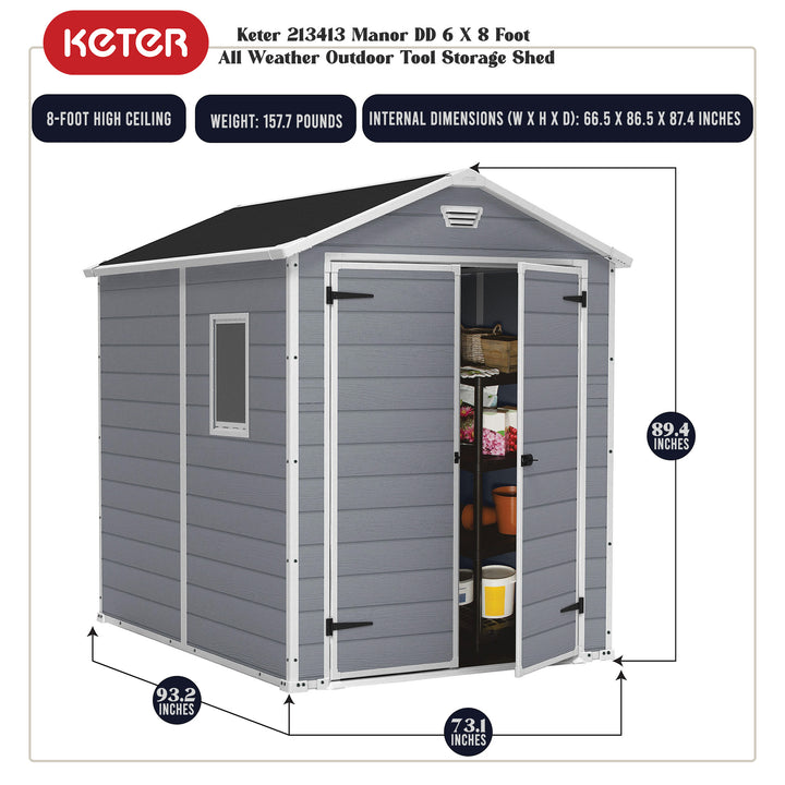 Keter 213413 Manor 6 X 8 Foot Resin All Weather Outdoor Tool Storage Shed, Grey