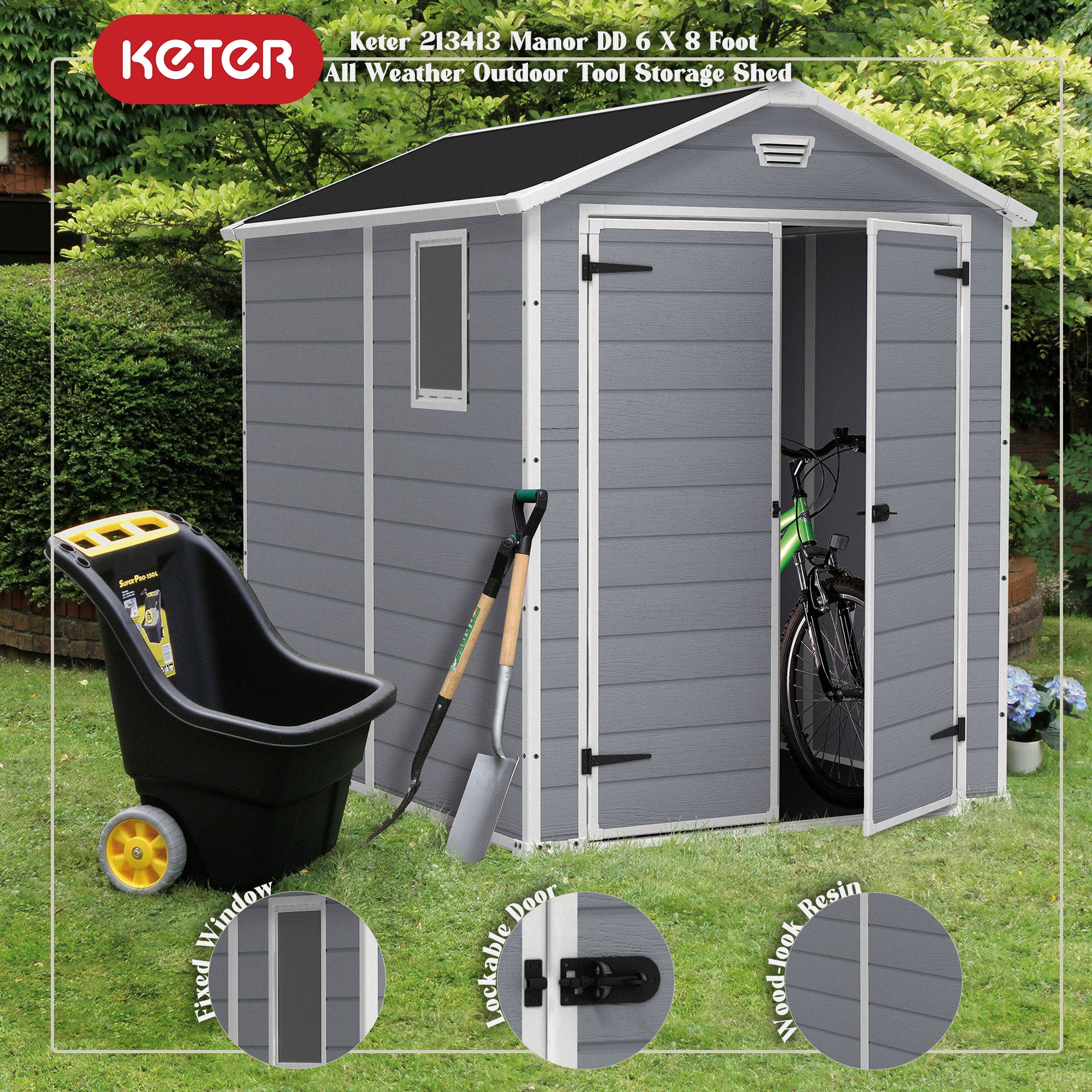 Keter 213413 Manor 6 X 8 DD All Weather Resistant Storage Shed, Grey (Used) - VMInnovations