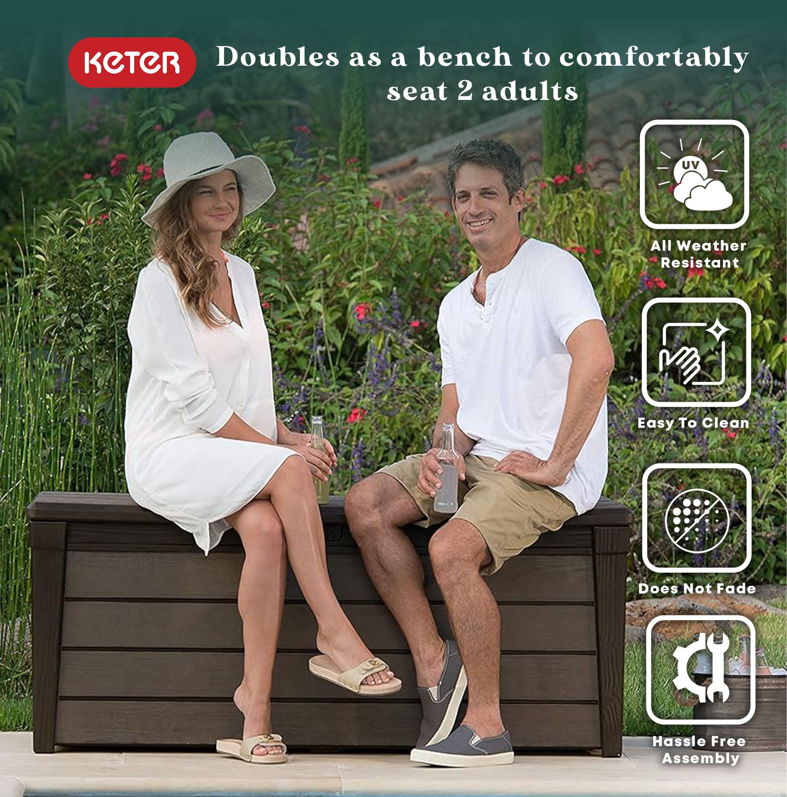 Keter Brushwood 120 Gallon Resin Outdoor Deck Storage Box for Yard Tools, Brown - VMInnovations