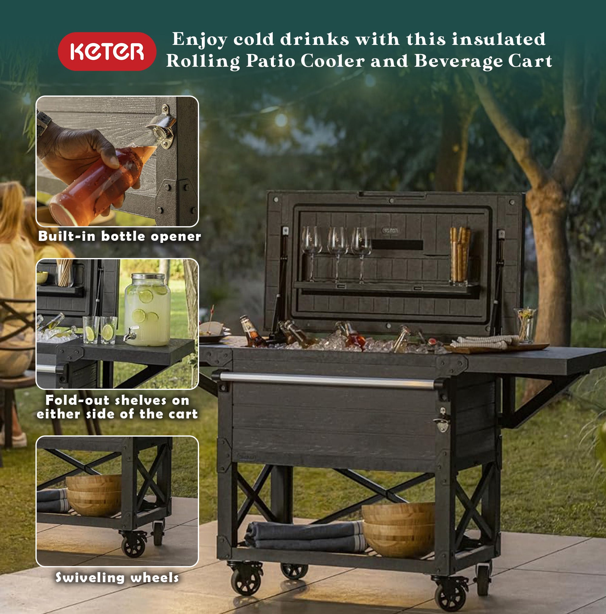 Keter Outdoor Patio Cooling Chest, 89.8 Qt Beverage Bar Cart w/ Wheels, Graphite