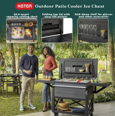 Keter Outdoor Patio Cooler Chest, 89.8 Qt Beverage Bar Cart w/ Wheels(For Parts)
