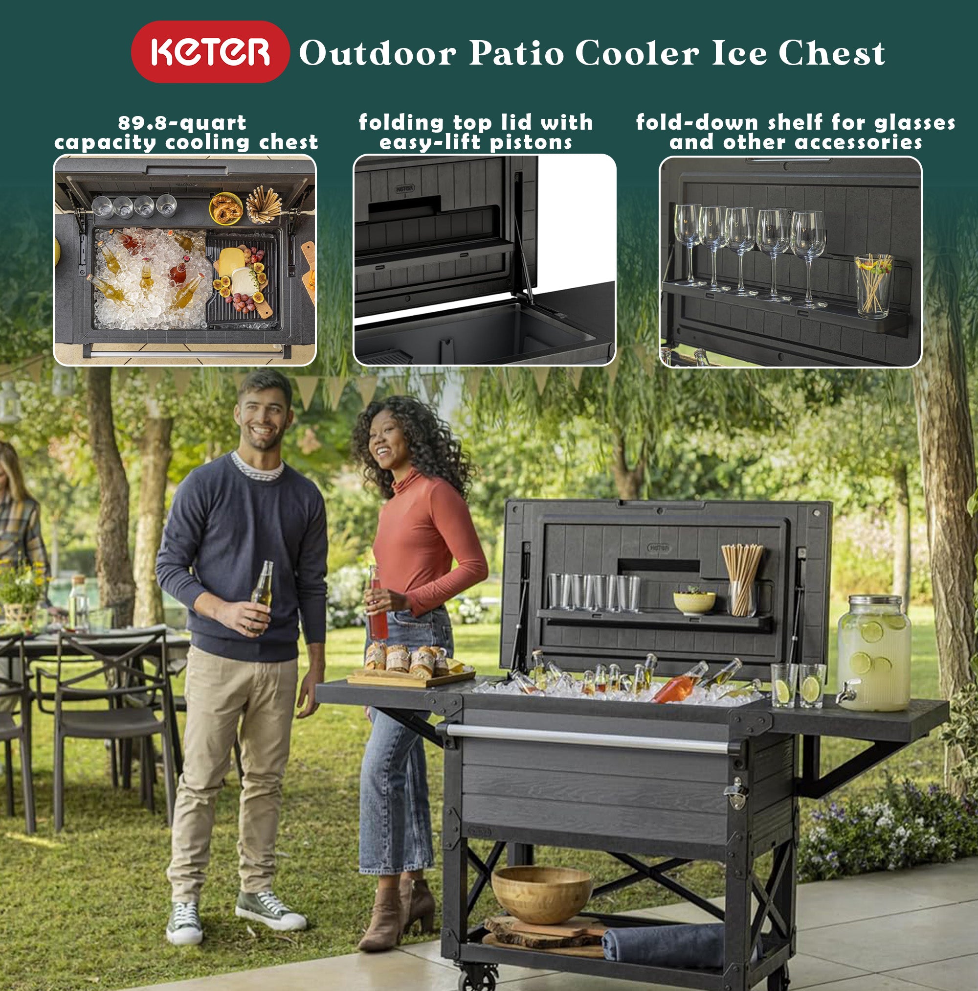 Keter Outdoor Patio Cooling Chest, 89.8 Qt Beverage Bar Cart w/ Wheels, Graphite