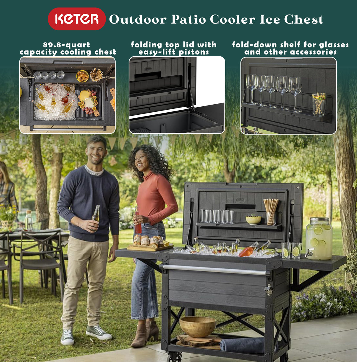 Keter Outdoor Patio Cooling Chest, 89.8 Qt Beverage Bar Cart w/ Wheels, Graphite