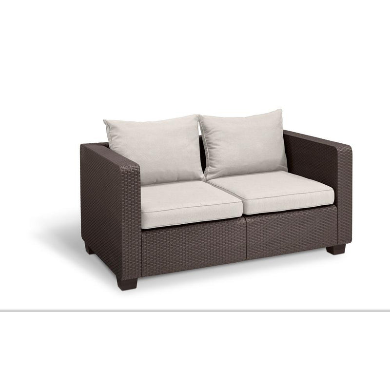 Salta Brown Resin 2 Seat Plastic Patio Sofa Loveseat, Canvas Cushions (Open Box)