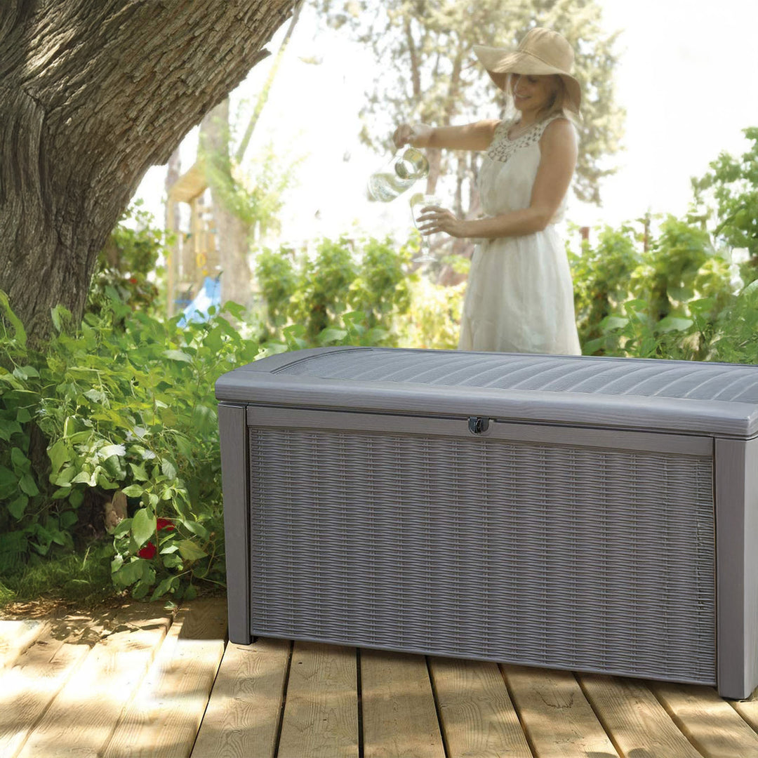 Keter Borneo 110 Gallon Rattan Wicker Resin Patio Deck Storage Box Bench, Grey