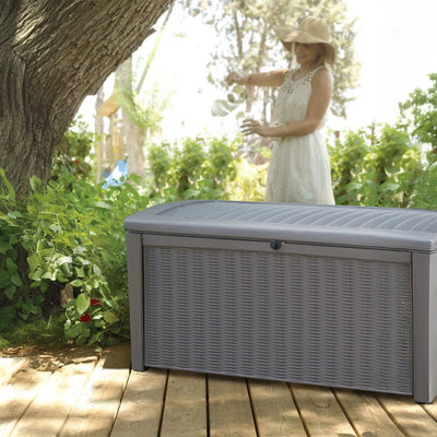 Keter Borneo Rattan/Wicker Style Resin Deck Box Storage Bin, 110gal (For Parts)