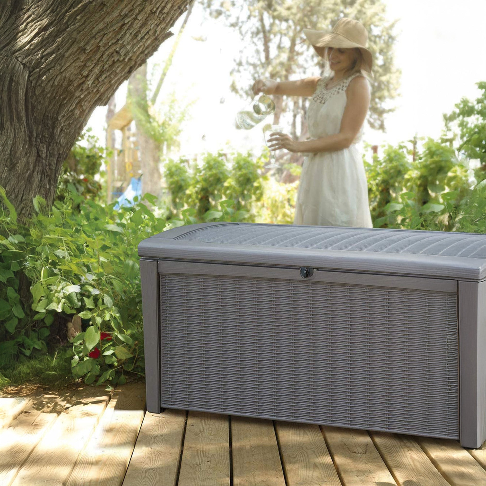 Keter Borneo Rattan/Wicker Style Resin Patio Deck Box Storage Bin, 110gal, Grey (Refurbished)