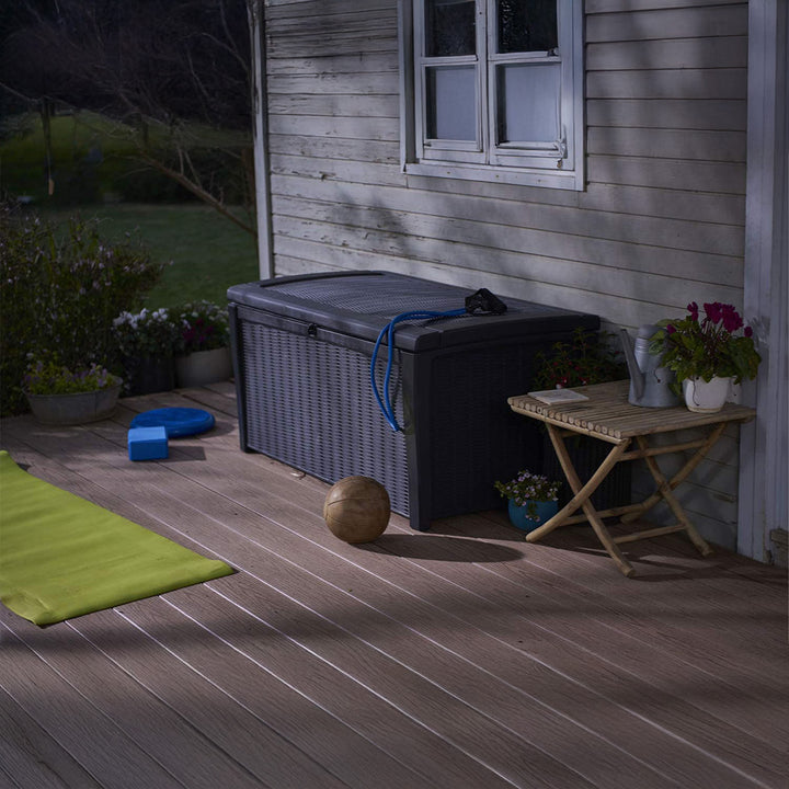 Keter Borneo Rattan/Wicker Style Resin Patio Deck Bin, 110gal, Grey (Used)