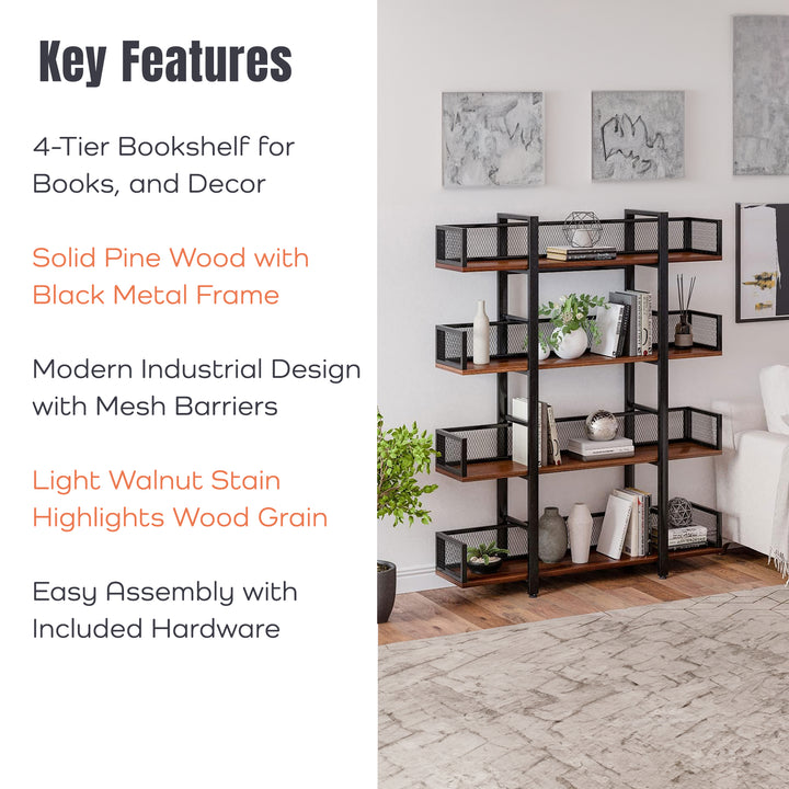 Sturdis 4 Tier Solid Wood Metal Bookshelf with Mesh Barriers, Black (Open Box)