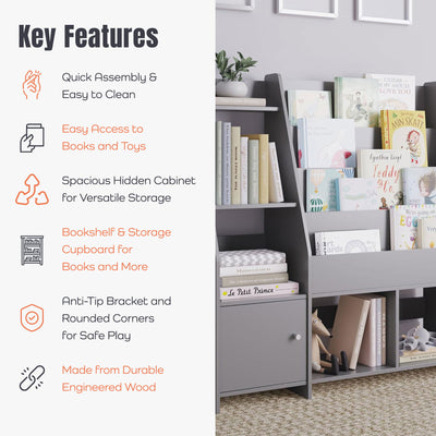Sturdis Modern Round Edge Wooden Durable Kids Bookshelf with Step Shelves, Gray - VMInnovations