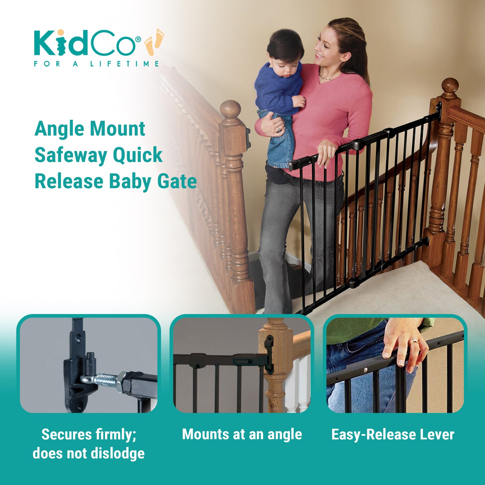Angle Mount Metal Safeway Quick Release Top of Staircase Gate, Black (Used) - VMInnovations