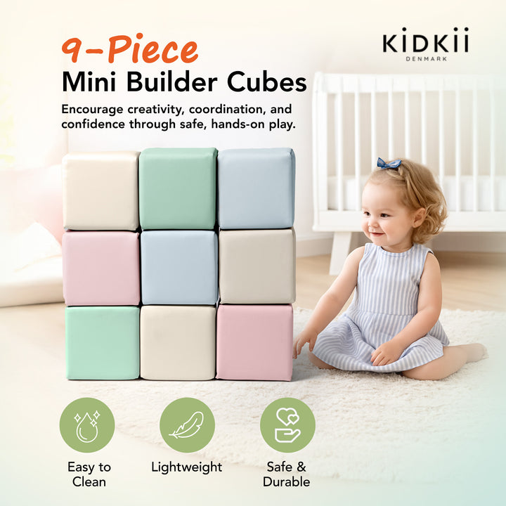 KIDKII 9 Piece Set Mini Builder Cubes Soft Foam Stackable Toddler Blocks, Pastel