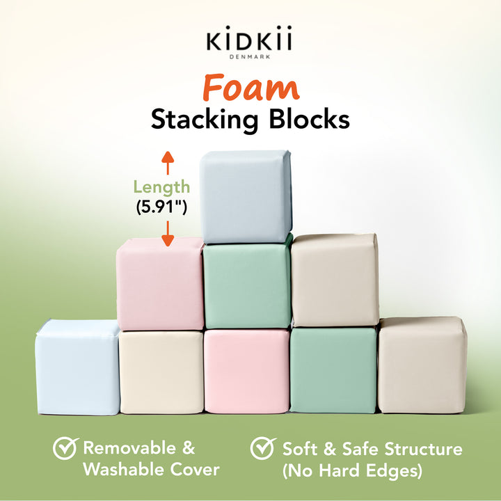 KIDKII 9 Piece Set Mini Builder Cubes Soft Foam Stackable Toddler Blocks, Pastel