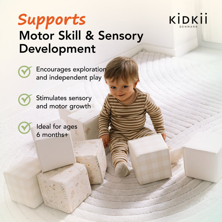 KIDKII 9 Piece Set Mini Builder Cubes Soft Foam Stackable Toddler Blocks, Beige