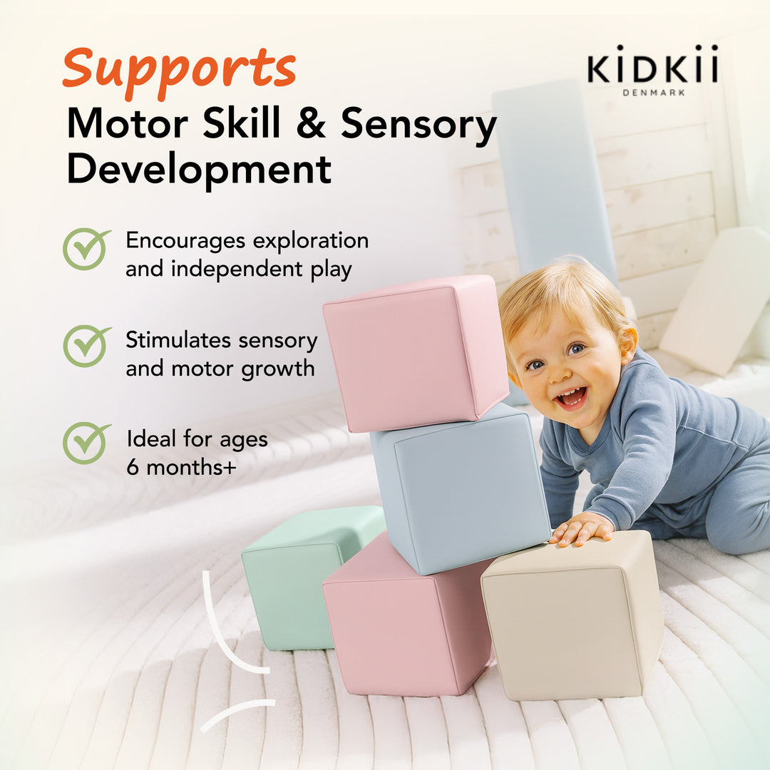 KIDKII 9 Piece Set Mini Builder Cubes Soft Foam Stackable Toddler Blocks, Pastel