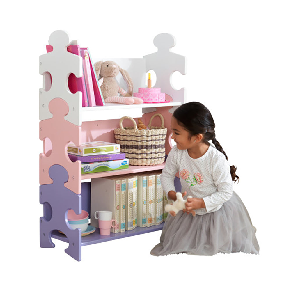 KidKraft Cute Wooden 3 Shelf Kids Puzzle Piece Bookcase, Pink & Purple(Open Box)