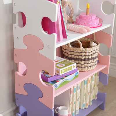 KidKraft Cute Wooden 3 Shelf Kids Puzzle Piece Bookcase, Pink & Purple(Open Box)