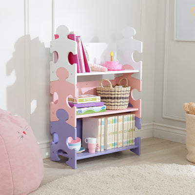 KidKraft Cute Wooden 3 Shelf Kids Puzzle Piece Bookcase, Pink & Purple(Open Box)
