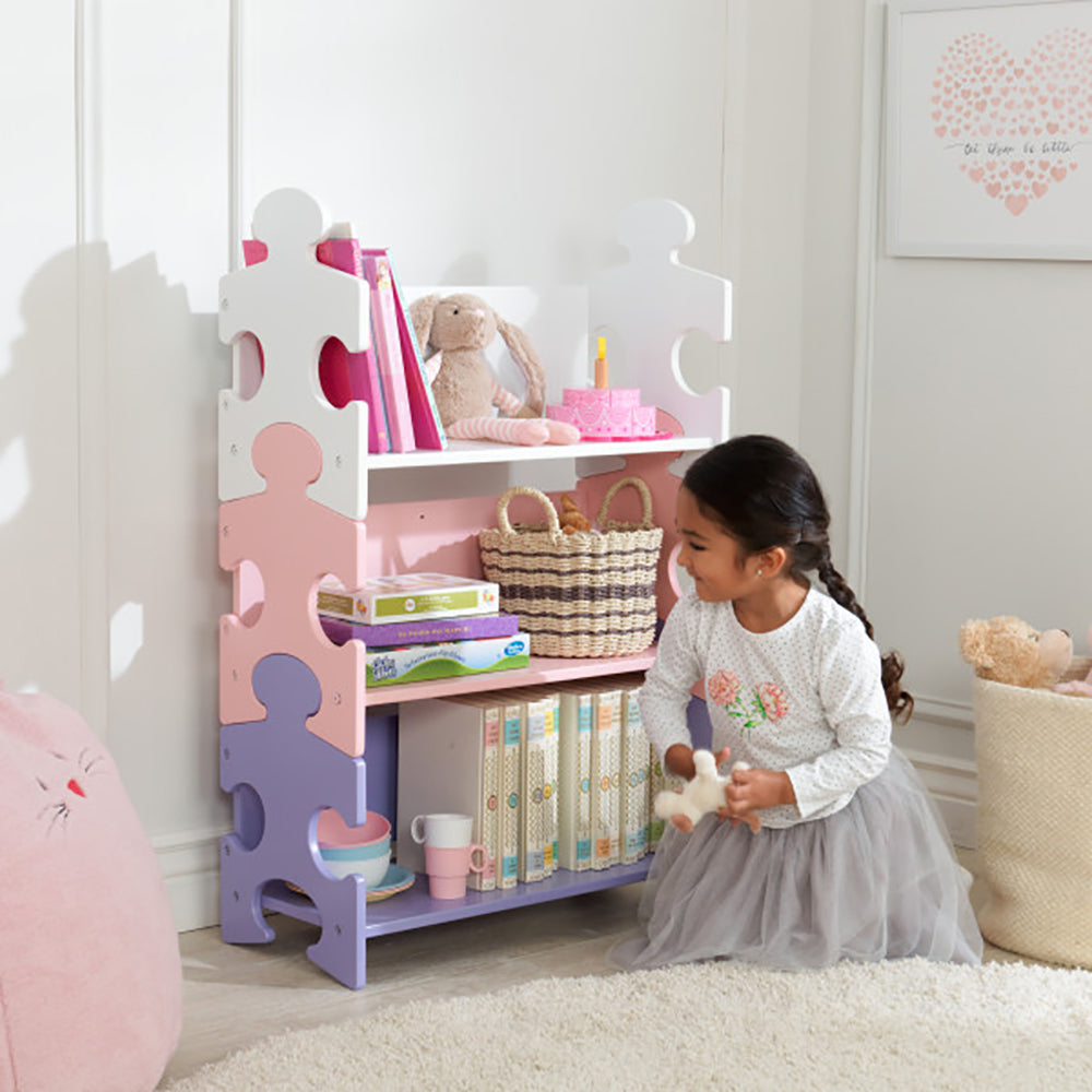 KidKraft Cute Wooden 3 Shelf Kids Puzzle Piece Bookcase, Pink & Purple(Open Box)