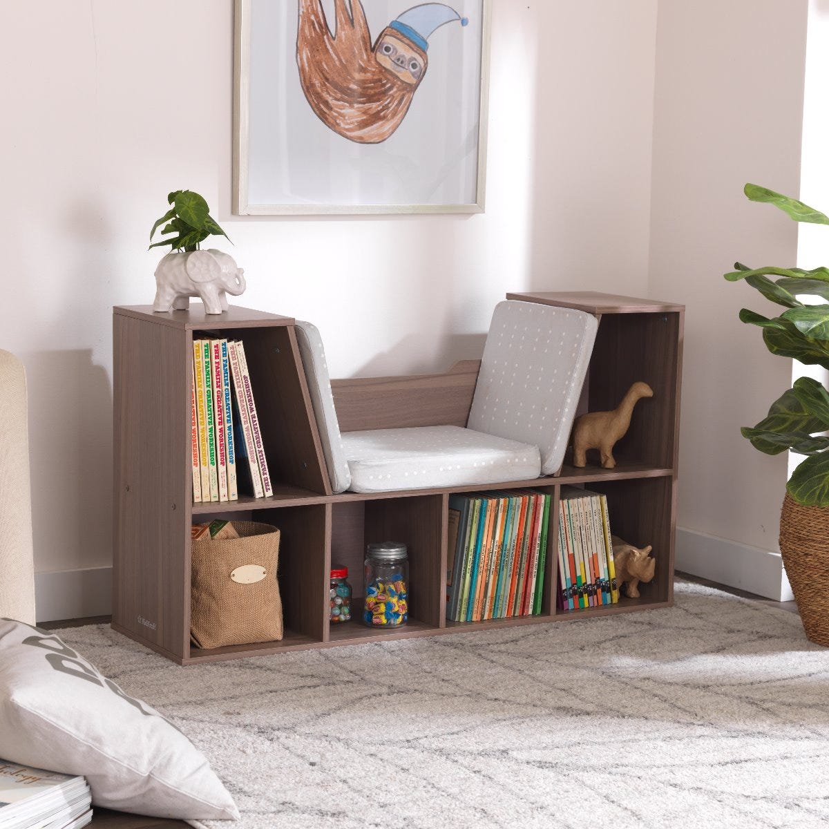 KidKraft Wooden Bookcase Storage Shelving Unit w/ Reading Nook, Gray (Open Box)