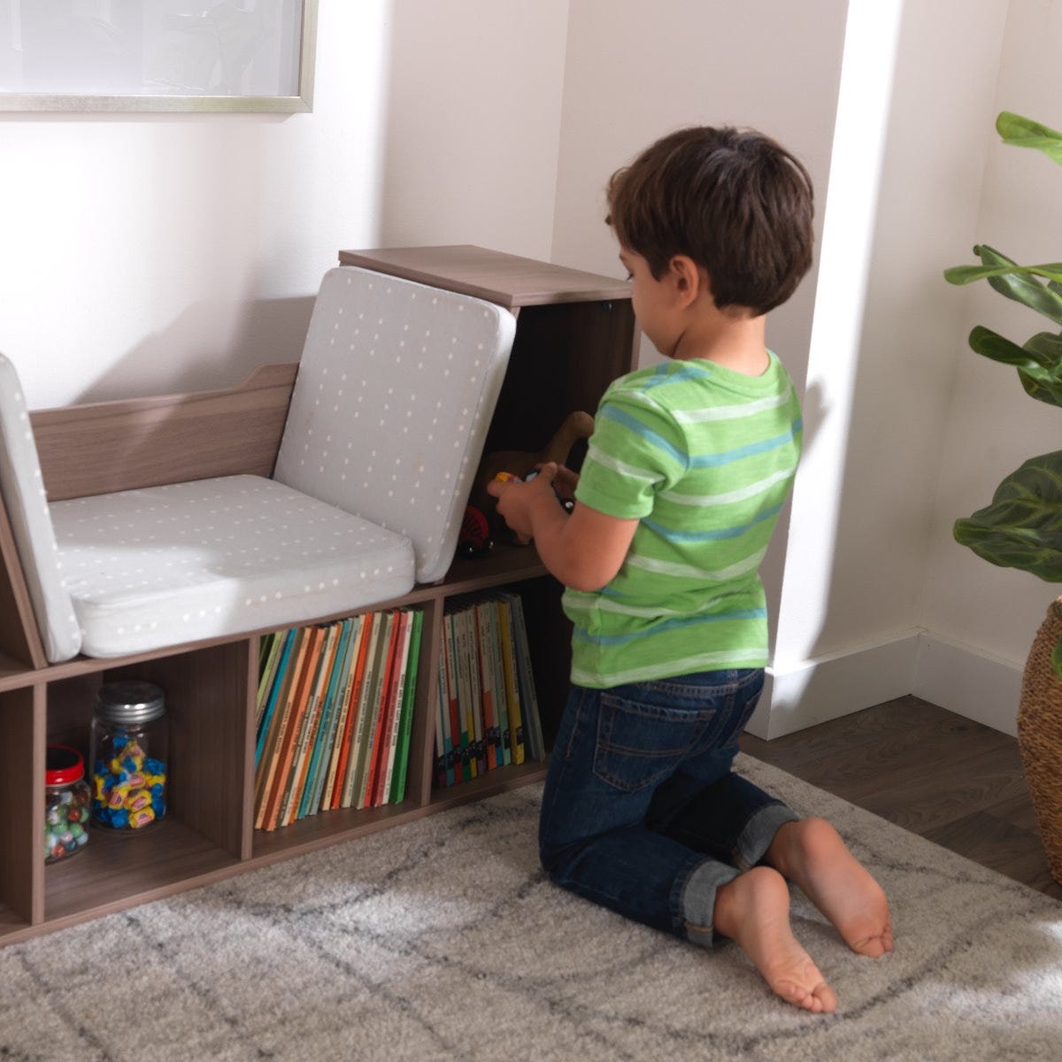 KidKraft Wooden Bookcase Storage Shelving Unit w/ Reading Nook, Gray (Open Box)