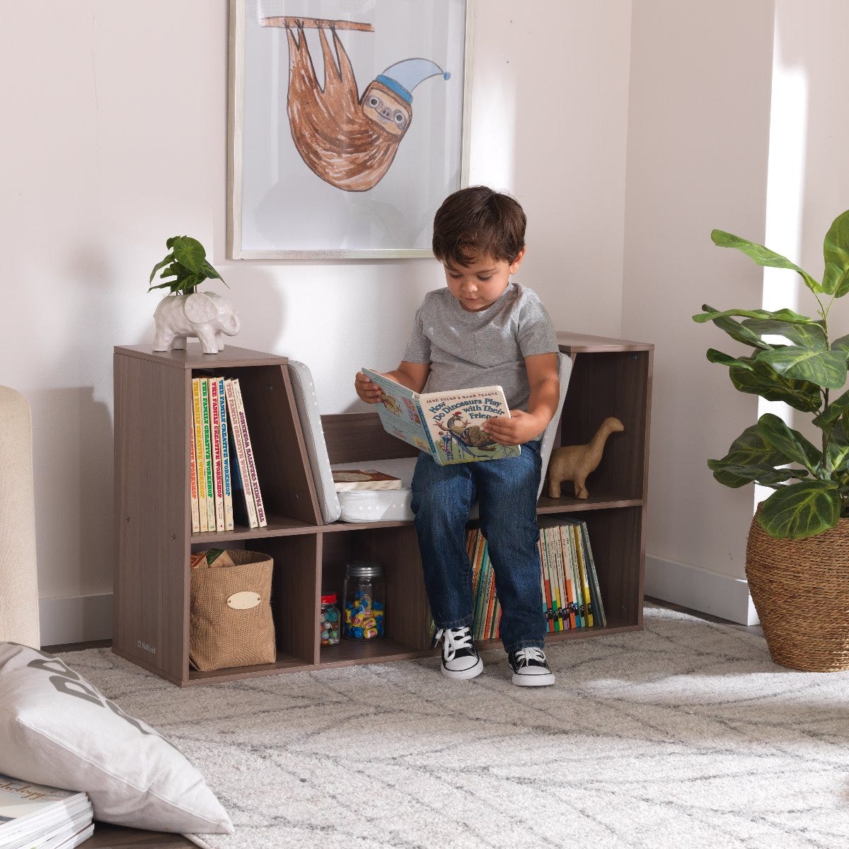 KidKraft Wooden Bookcase Storage Shelving Unit w/ Reading Nook, Gray (Open Box)
