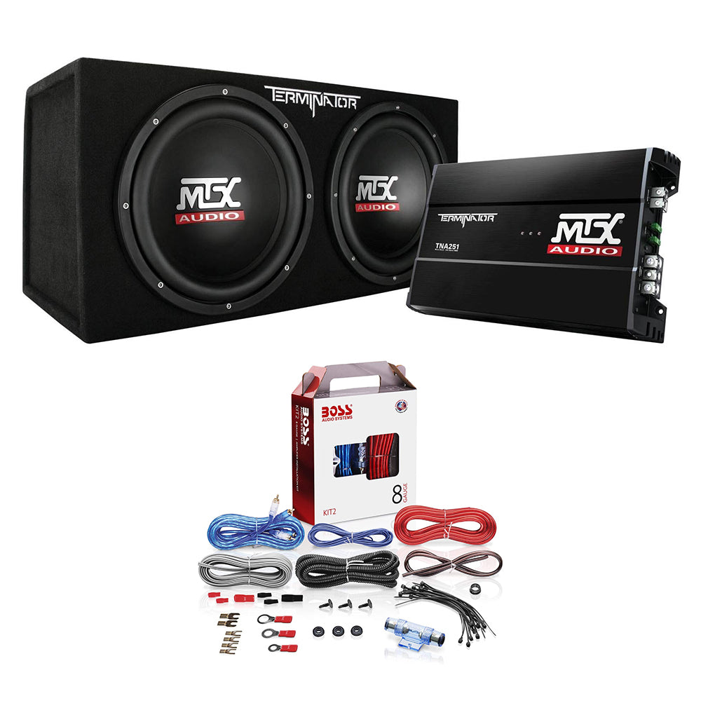 MTX 12 Inch Dual Car Subwoofer Audio, Sub Box, & Amplifier Bundle w/ Wiring Kit