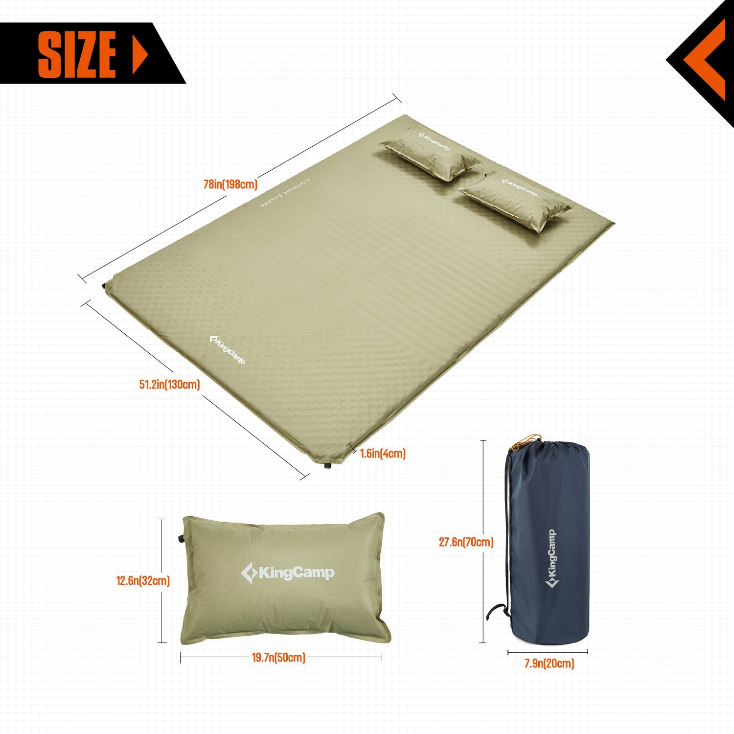 KingCamp Double Self Inflating Camping Sleeping Pad Mat with 2 Pillows, Beige