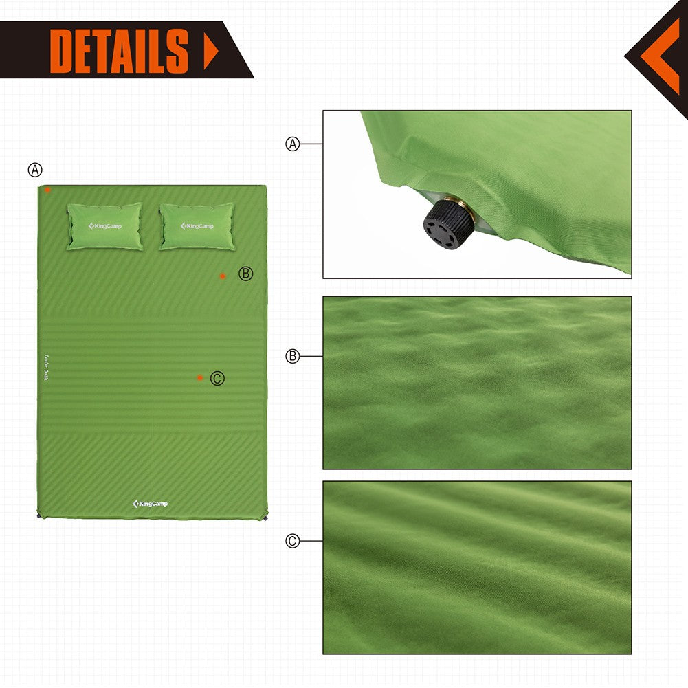 KingCamp Double Self Inflating Camping Sleeping Pad Mat with 2 Pillows, Green