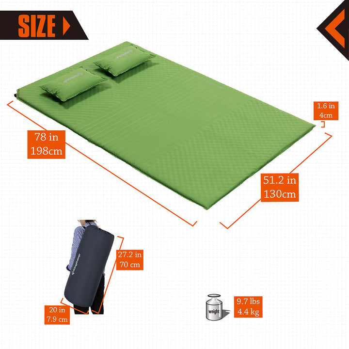 KingCamp Double Self Inflating Camping Sleeping Pad Mat with 2 Pillows, Green