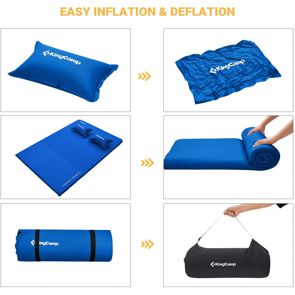 KingCamp Double Self Inflating Camping Sleeping Mat Pad with 2 Pillows, Blue - VMInnovations