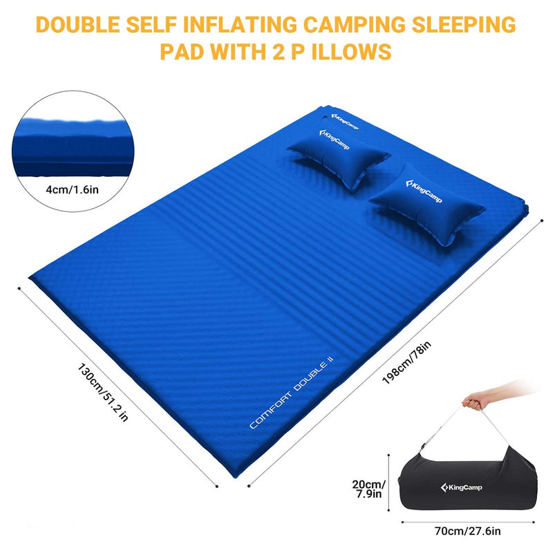 Double Self Inflating Camping Sleeping Mat Pad w/ 2 Pillows, Blue (Used)
