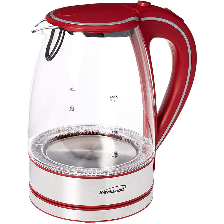 Brentwood 1100W 1.7 Liter Cordless Electric Glass Tea Kettle Pot, Red (Open Box)