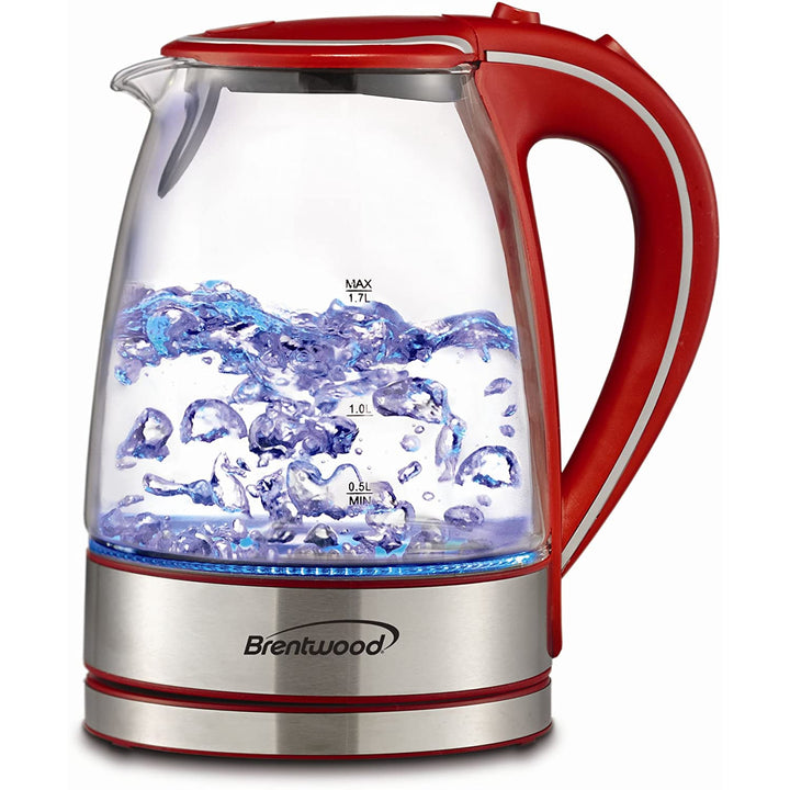 Brentwood 1100W 1.7 Liter Cordless Electric Glass Tea Kettle Pot, Red (Open Box)