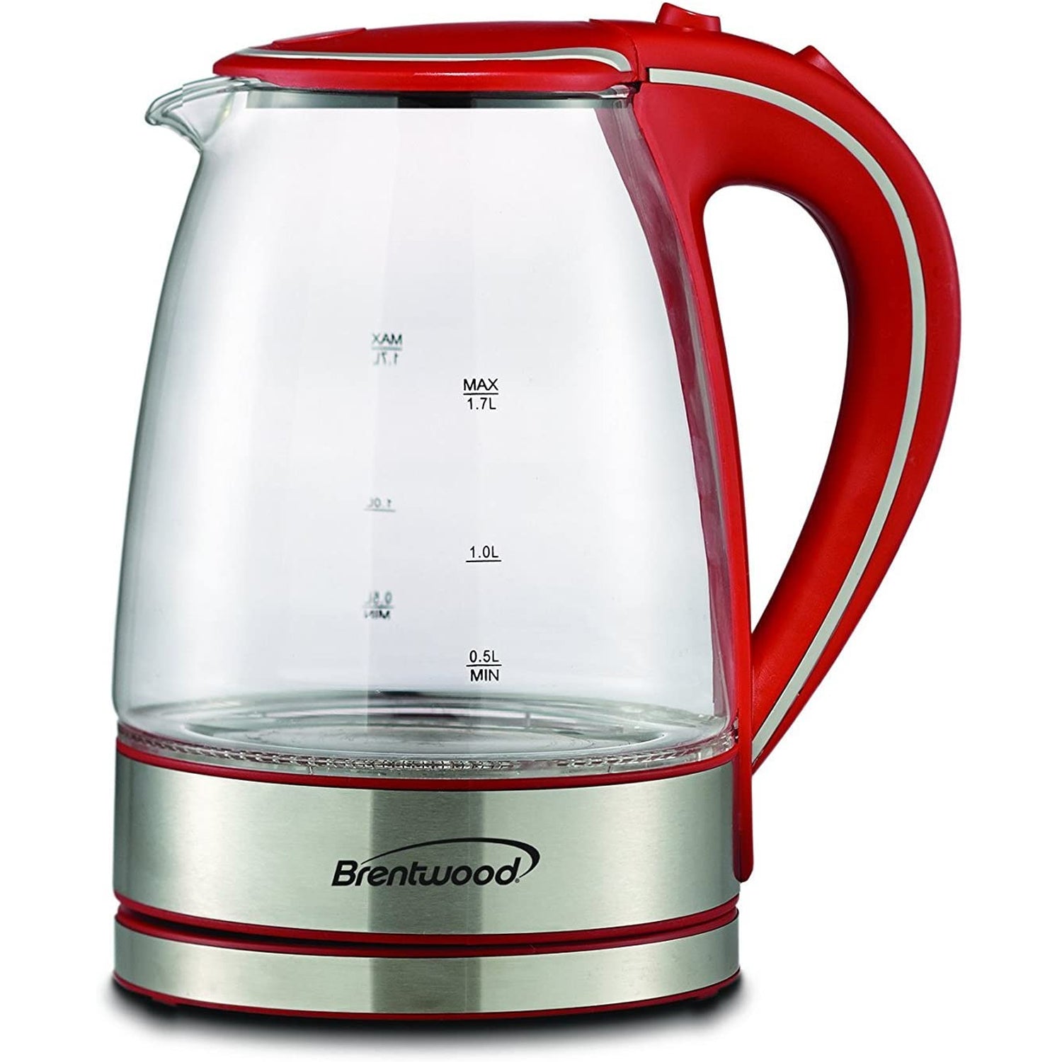 Brentwood 1100W 1.7 Liter Cordless Electric Glass Tea Kettle Pot, Red (Open Box) - VMInnovations