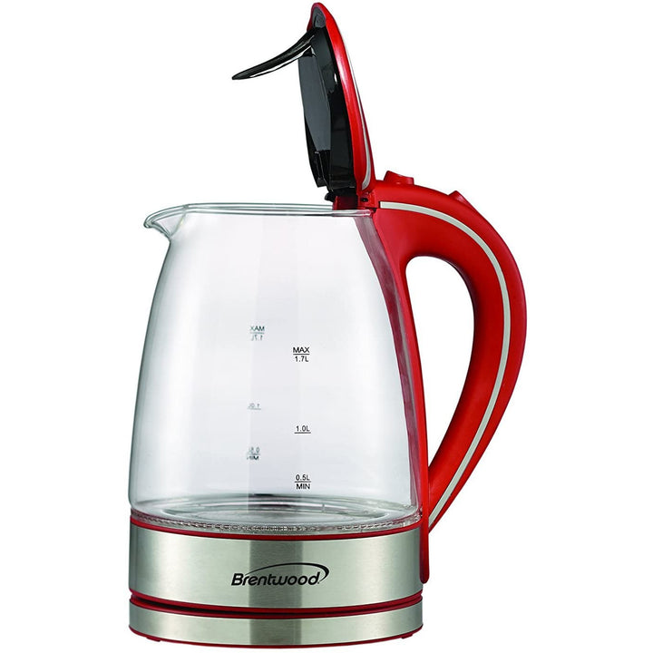 Brentwood 1100W 1.7 Liter Cordless Electric Glass Tea Kettle Pot, Red (Open Box)