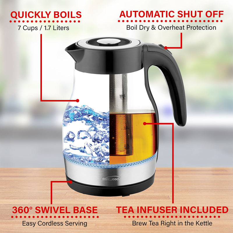 Brentwood KT-1962W 1.7L Cordless Electric Glass Tea Kettle Pot with Tea Infuser
