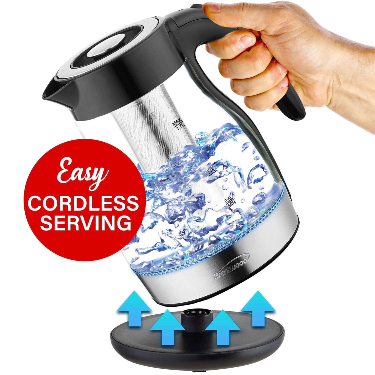 Brentwood 1.7L Cordless Electric Glass Tea Kettle Pot w/ Tea Infuser (Open Box) - VMInnovations