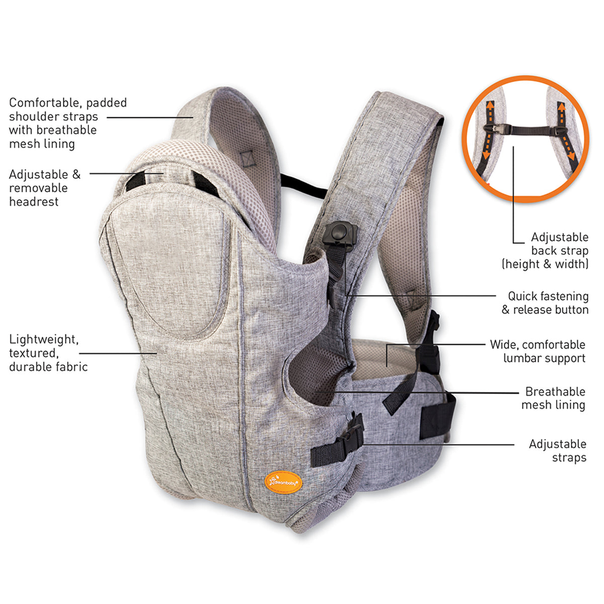 Dreambaby Oxford 3 in 1 Supportive Baby Carrier For Newborns and Infants, Gray - VMInnovations