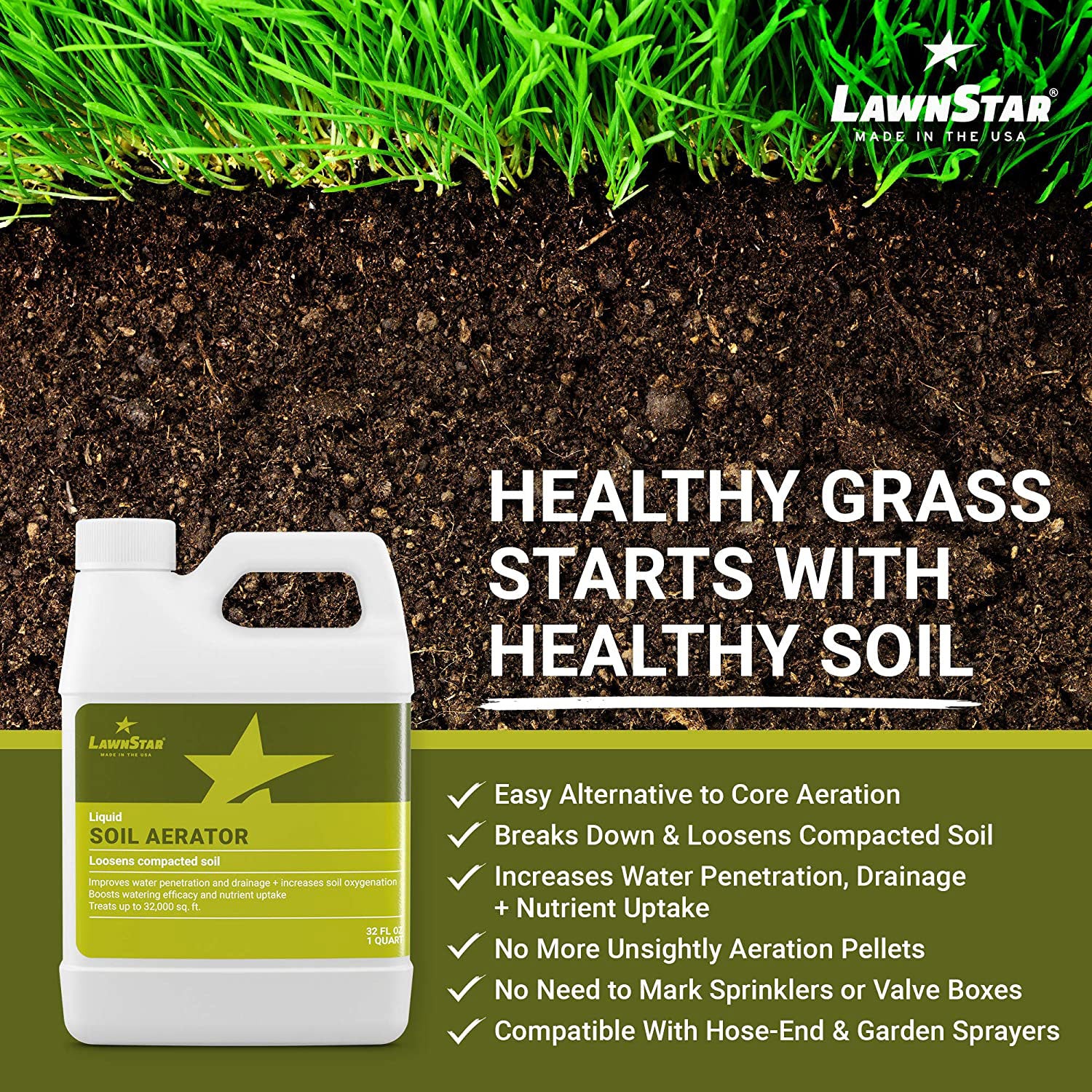 LawnStar Liquid Iron, Phosphorus Free Fertilizer, Lawn Dethatcher & Soil Aerator - VMInnovations