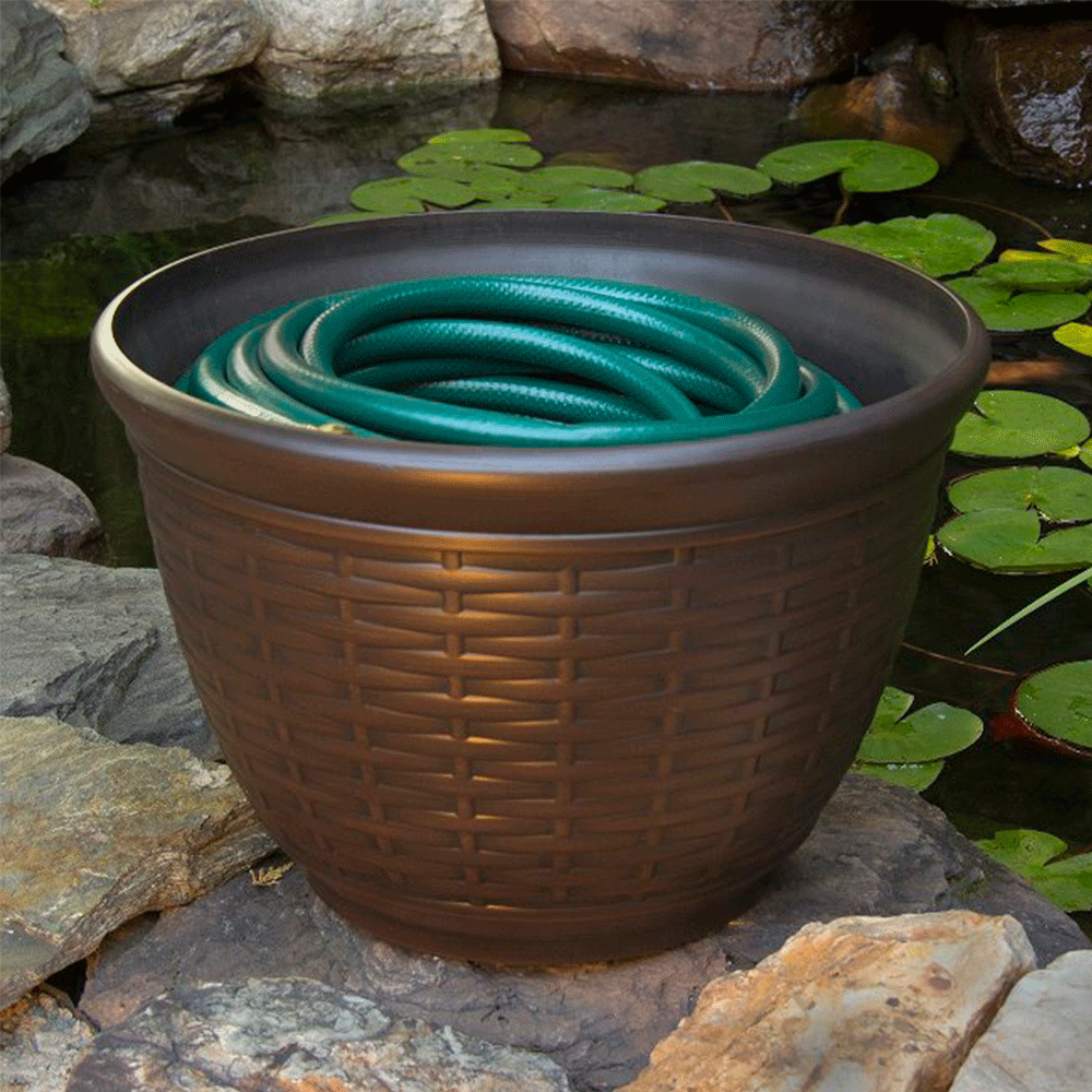 Liberty Garden 100 Foot Wicker High Density Resin Water Hose Storage Pot, Bronze - VMInnovations