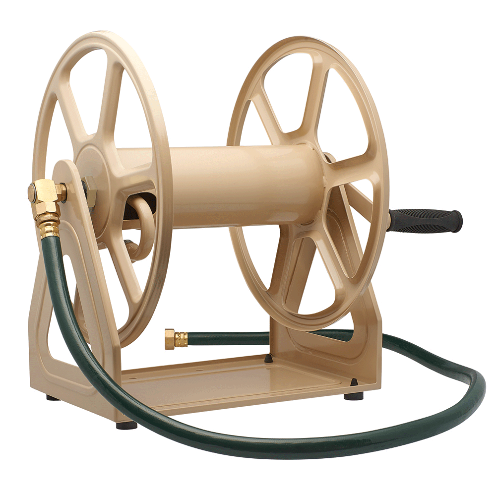 Liberty Garden 200 Foot Steel Dual Mount Garden Hose Storage Reel, Tan(Open Box) - VMInnovations